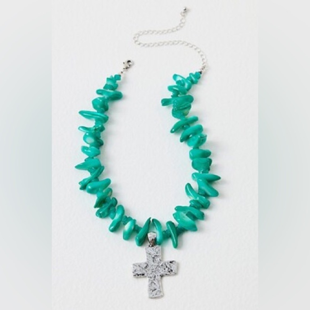 NWT free people Cross Supernova Choker necklace aqua blue - Picture 2 of 5
